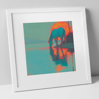 Electric Sunset Reflections horse landscape art print in white frame