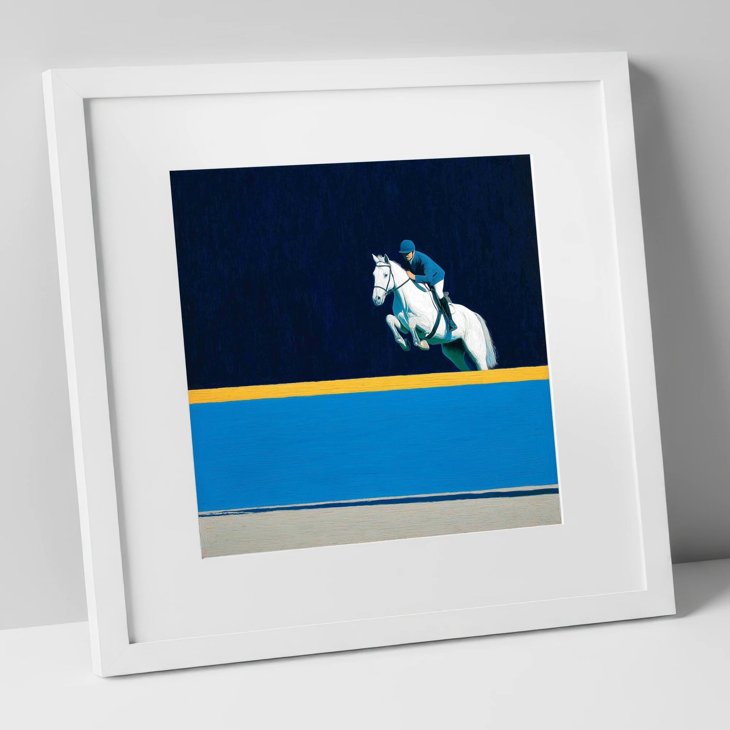 Airborne Over Azure show jumping horse art print in white frame