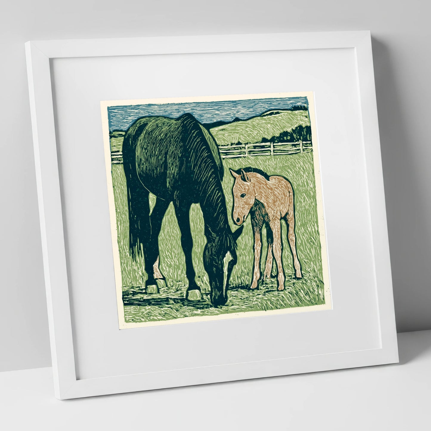 Rustic Pasture Companions mare & foal art print in white frame