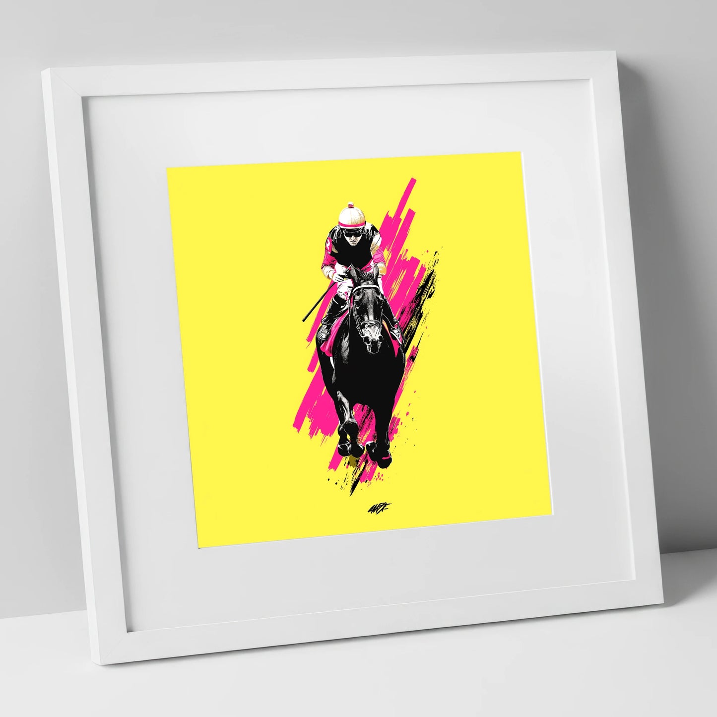The Front Runner racing horse art print in white frame