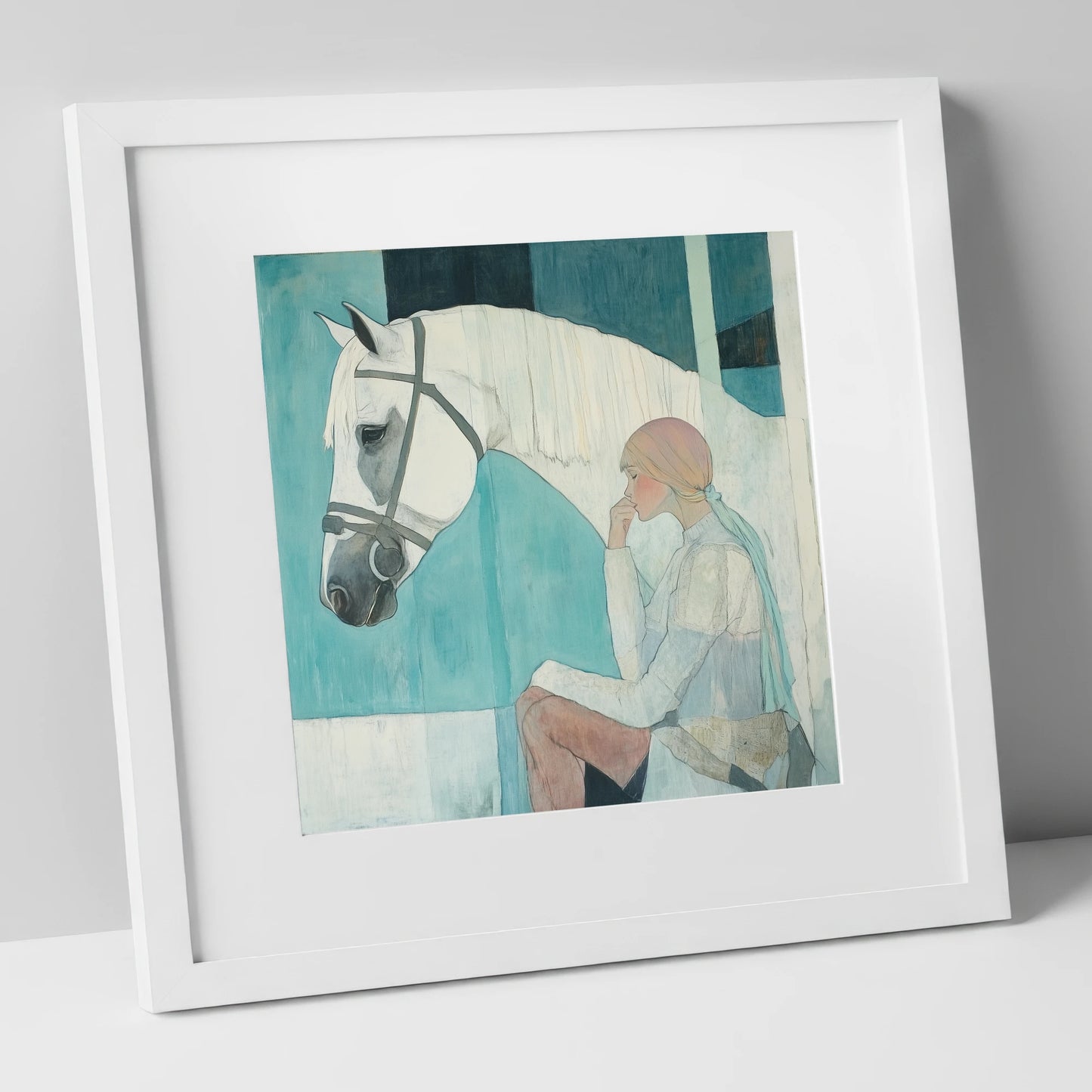 Quiet Contemplation horse & rider art print in white frame