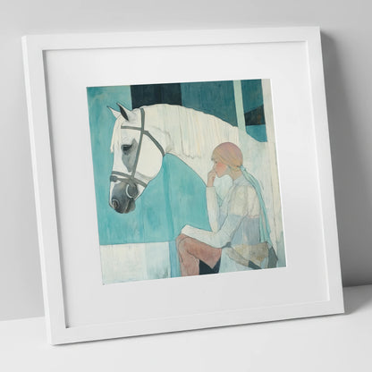 Quiet Contemplation horse & rider art print in white frame