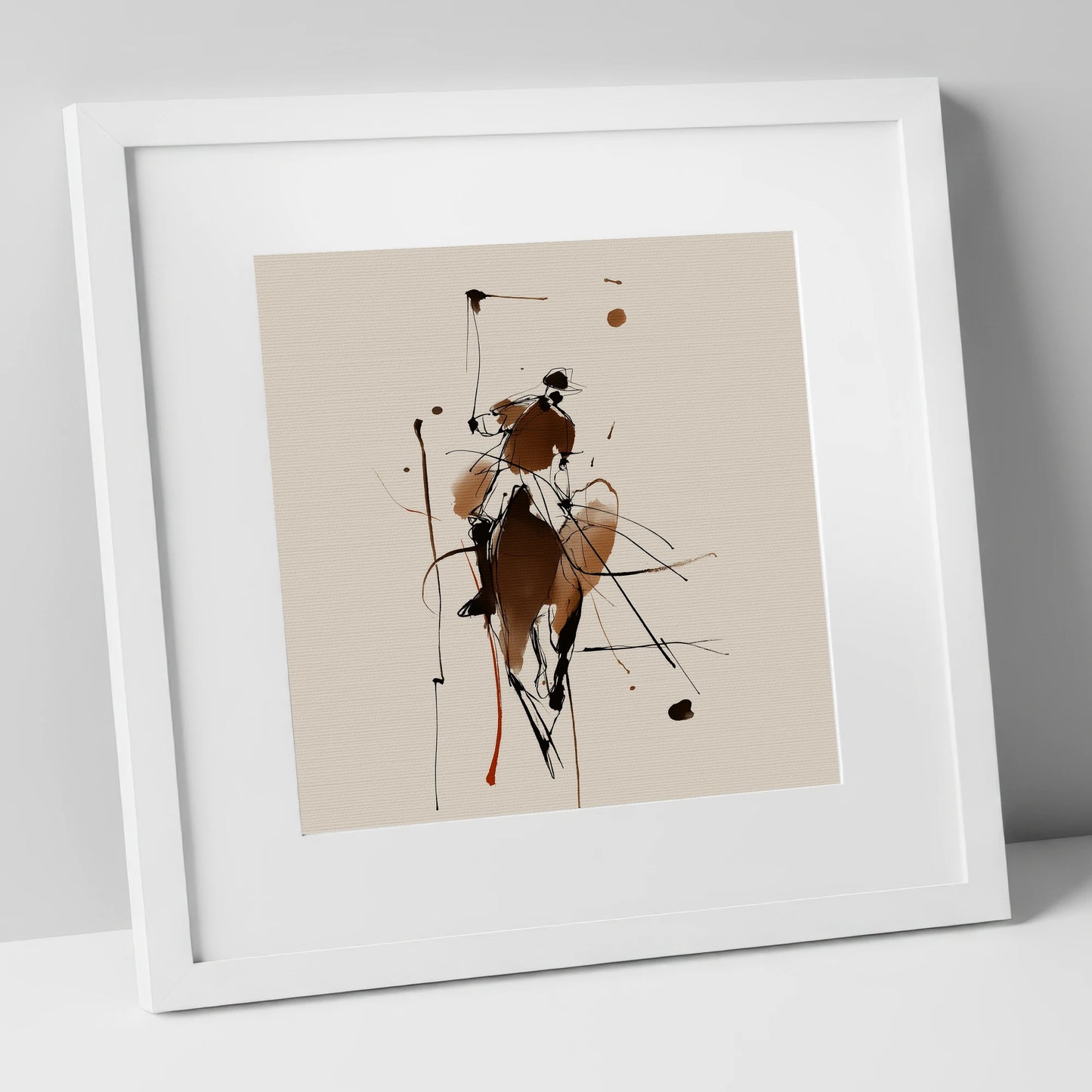 The High Swing polo horse art print in white frame
