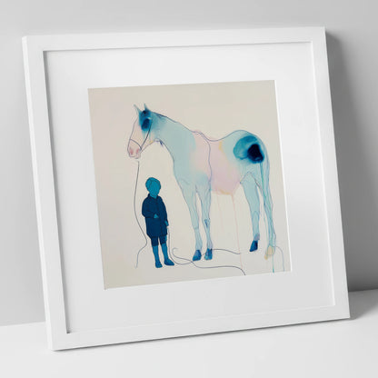 The Gentle Guide horse & rider art print in white frame
