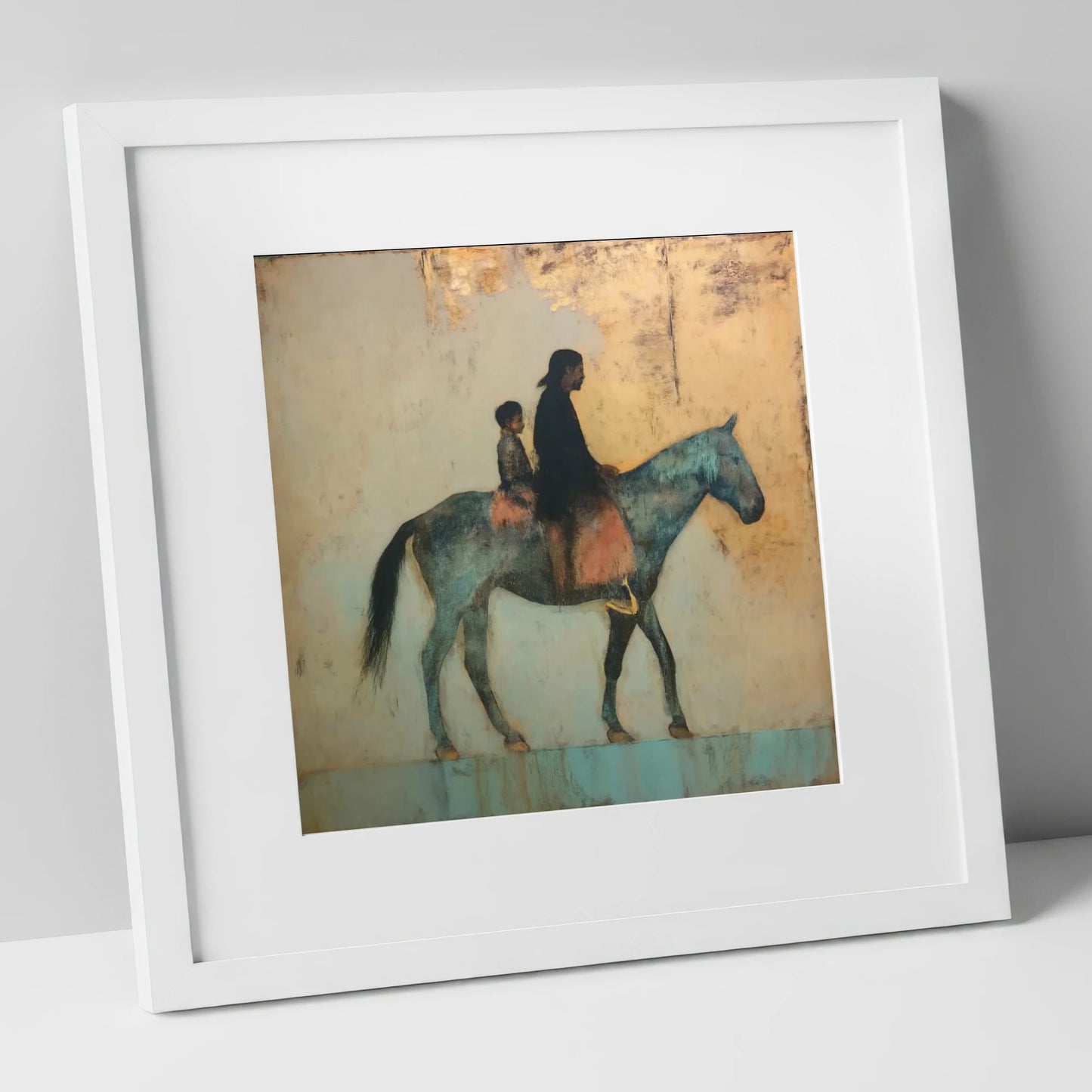 Timeless Golden Journey horse & rider art print in white frame