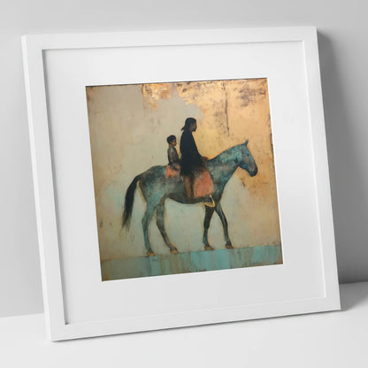 Timeless Golden Journey horse & rider art print in white frame