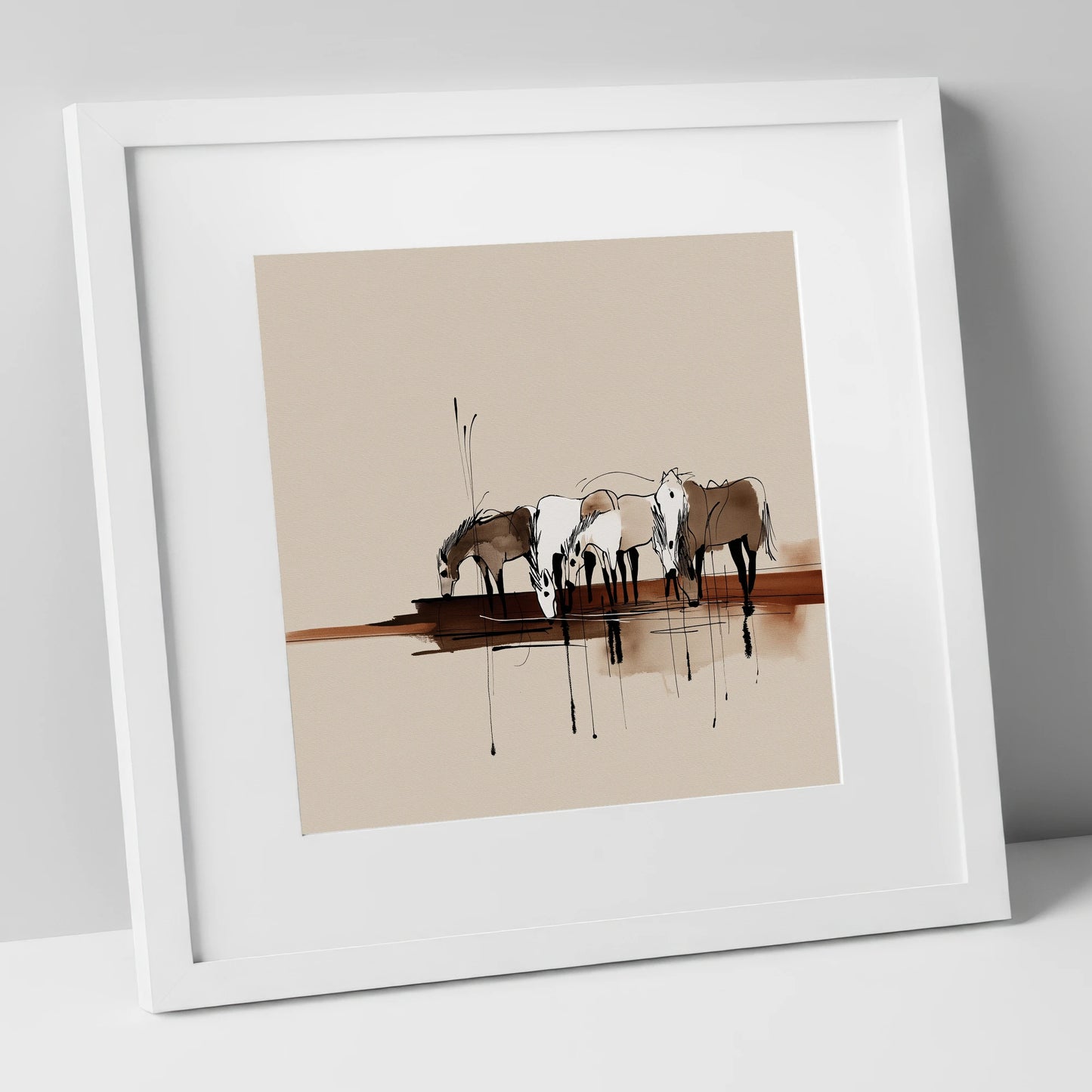 Gathering at the Water wild horses art print in white frame