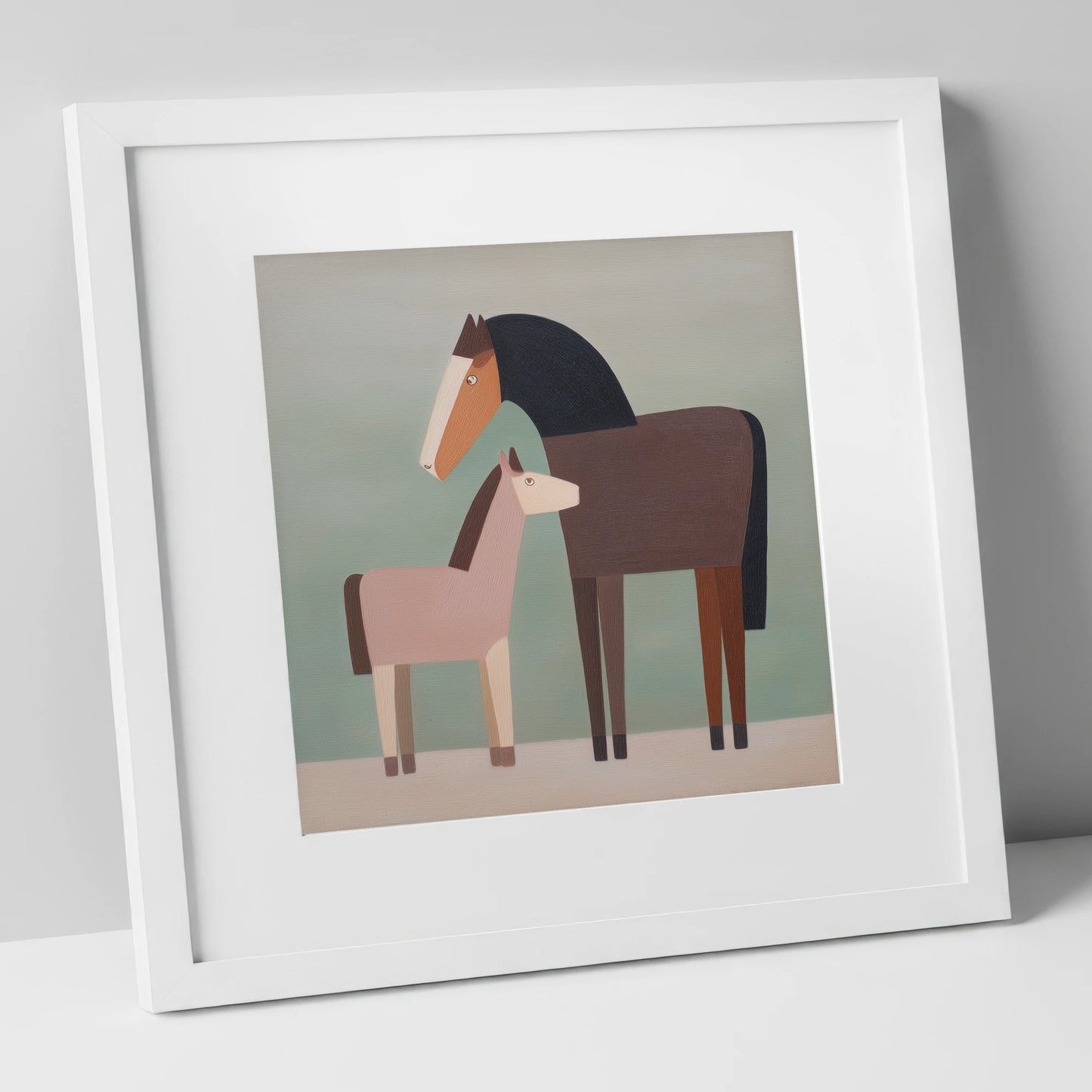 Quiet Companions mare & foal art print in white frame