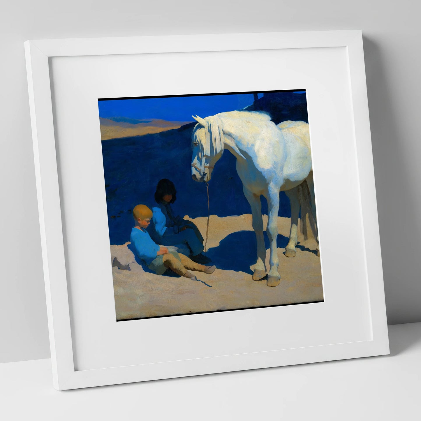 Azure and Ivory Bond horse & rider art print in white frame