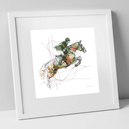 Dynamic Bascule show jumping horse art print in white frame