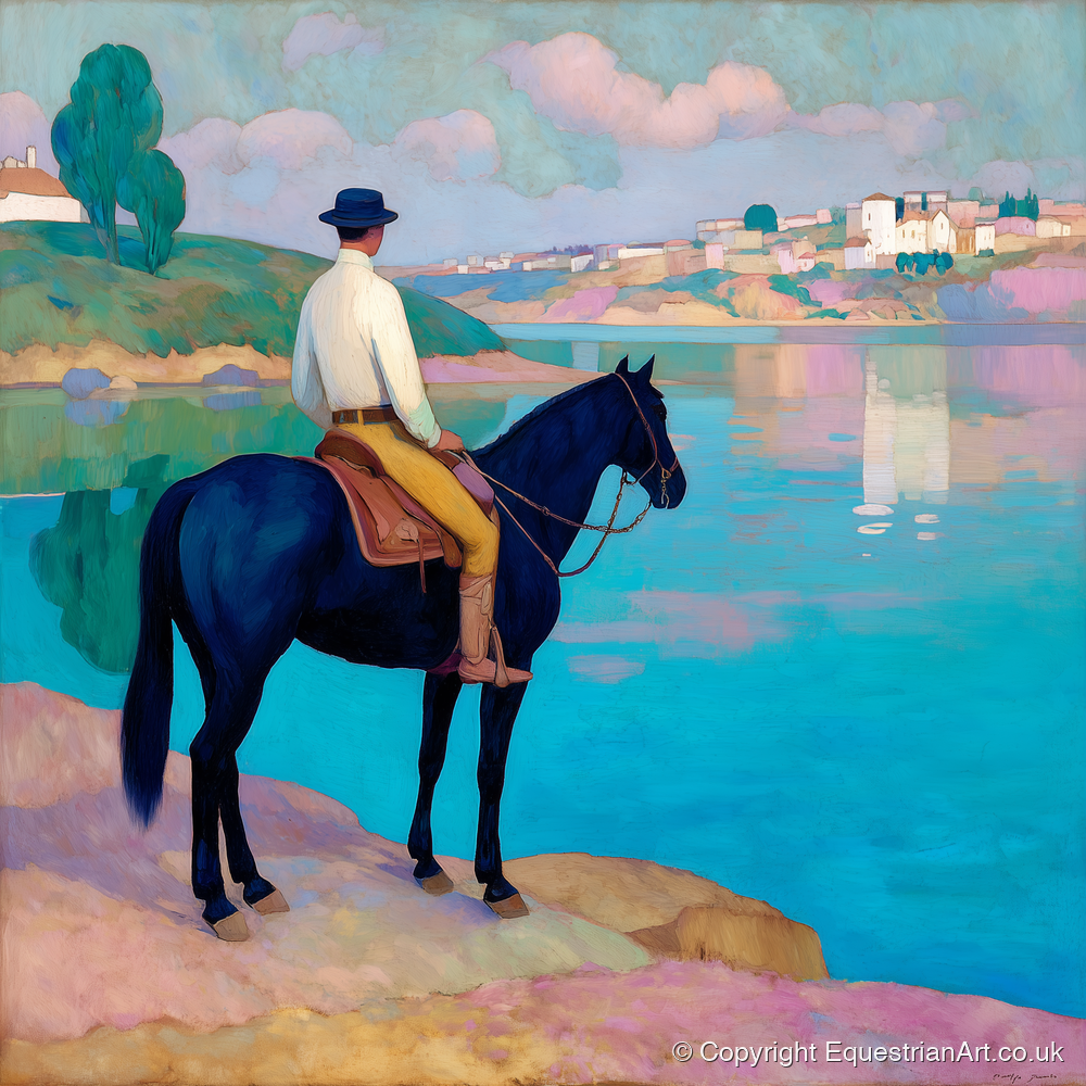 Gazing Across Vivid Waters - beach horse art print and canvas by Aldous Trent A.I