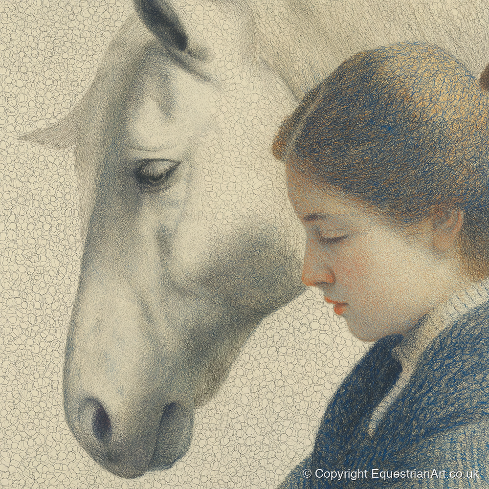Gentle Reflections - horse & rider art print and canvas by Arthur Sterling A.I
