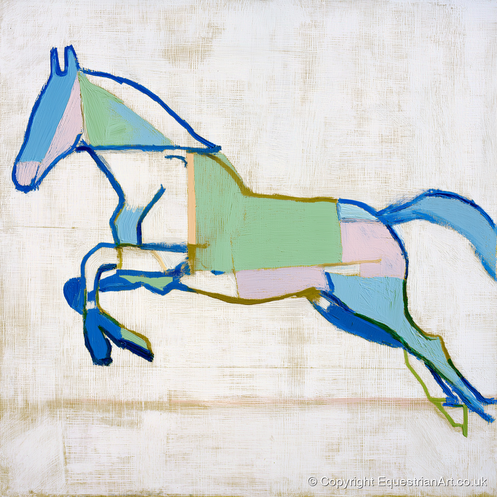 Geometric Azure Leap - show jumping horse art print and canvas by Miles St. John A.I