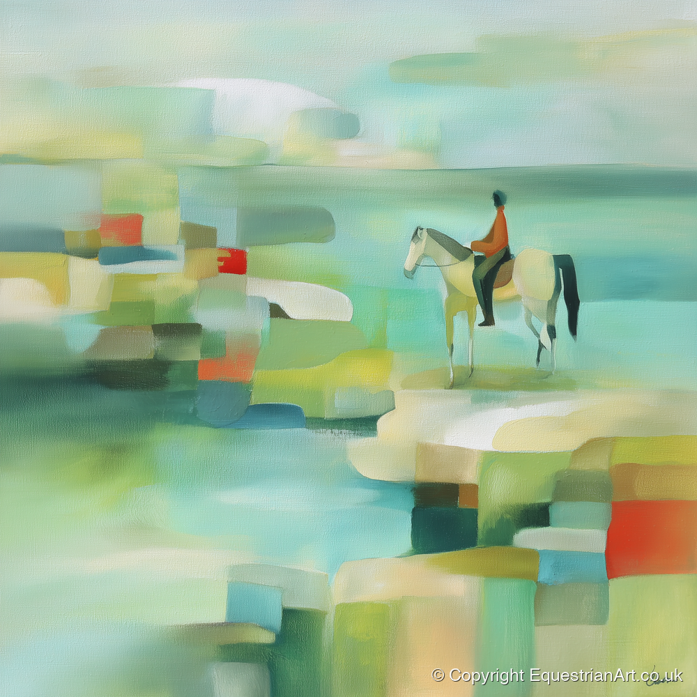 Geometric Shoreline Rider - beach horse art print and canvas by Leon Lambert A.I