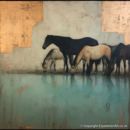 Gilded Herd Reflections - wild horses art print and canvas by Eloise Fairfax A.I