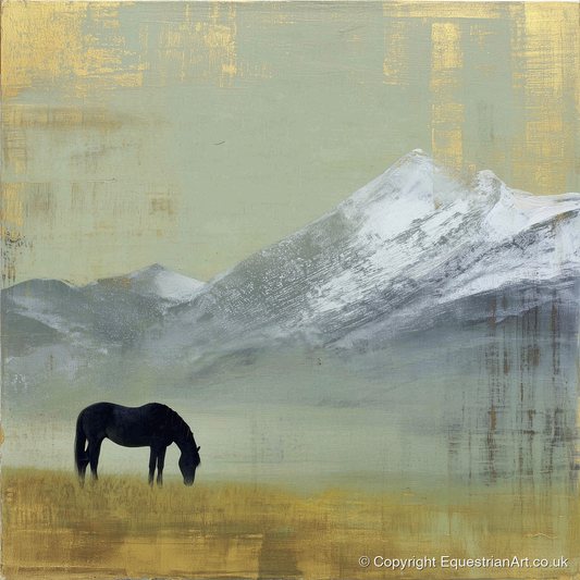Gilded Mountain Solitude - horse landscape art print and canvas by Graham Whitaker A.I
