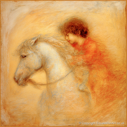 Golden Embrace - horse & rider art print and canvas by Douglas Fairley A.I