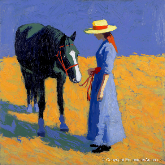 Golden Field Encounter - horse & rider art print and canvas by Hugo Beckett A.I