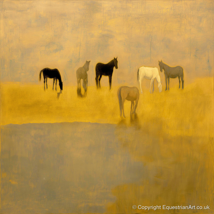 Golden Haze Grazing - wild horses art print and canvas by Vincent Delaney A.I