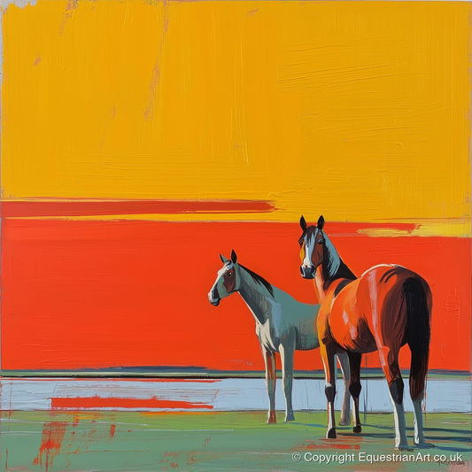 Golden Horizon Companions - horse landscape art print and canvas by Victor Beaumont A.I