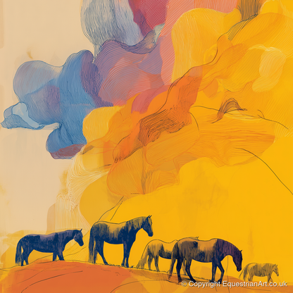 Golden Horizon Herd - horse landscape art print and canvas by Tobias Blake A.I