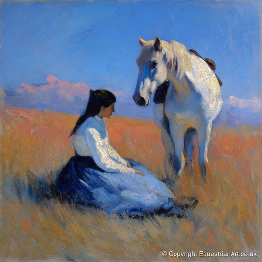 Golden Hour Companions - horse & rider art print and canvas by Gabriel Hayes A.I