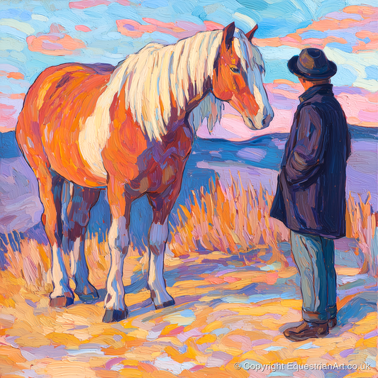 Golden Hour Harmony - horse & rider art print and canvas by Celia Harding A.I