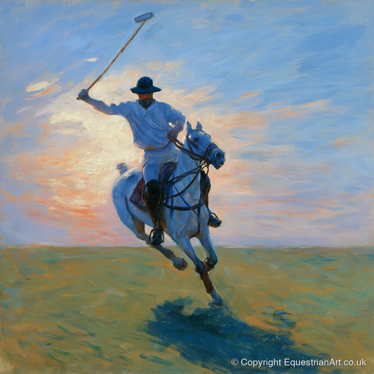Golden Hour Strike - polo horse art print and canvas by Gabriel Hayes A.I