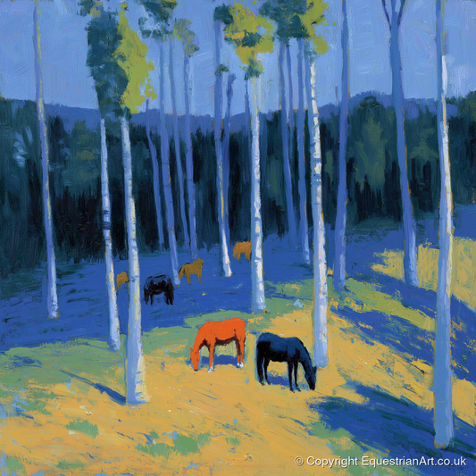 Golden Light in the Azure Grove - horse landscape art print and canvas by Hugo Beckett A.I