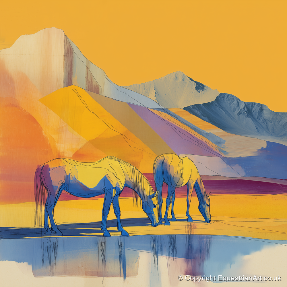 Golden Mountain Pasture - horse landscape art print and canvas by Tobias Blake A.I