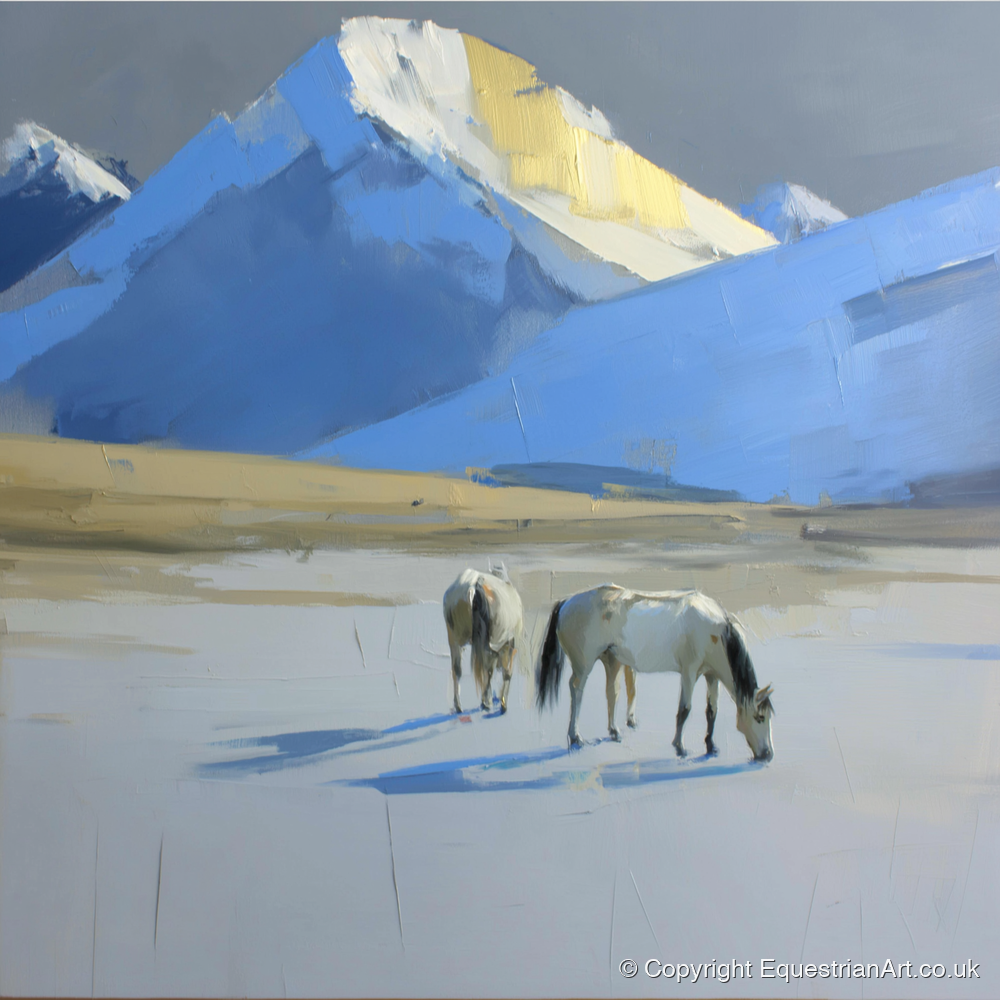 Golden Peak Grazing - horse landscape art print and canvas by Elias Thorne A.I