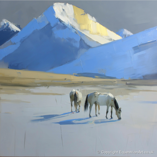 Golden Peak Grazing - horse landscape art print and canvas by Elias Thorne A.I