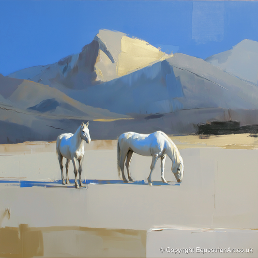 Golden Peak Greys - horse landscape art print and canvas by Elias Thorne A.I