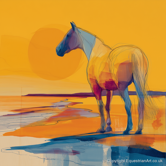 Golden Shoreline Silhouette - horse landscape art print and canvas by Tobias Blake A.I
