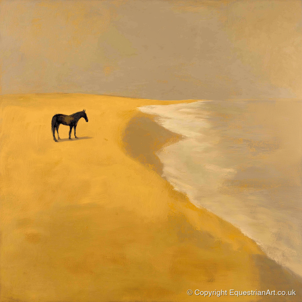 Golden Shoreline Solitude - horse landscape art print and canvas by Vincent Delaney A.I