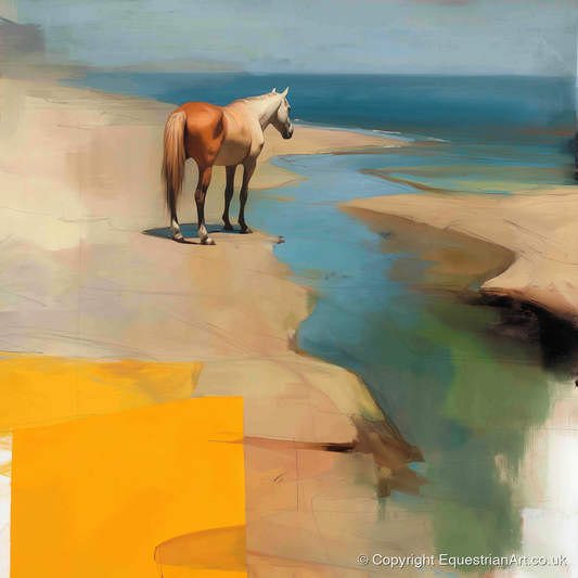 Golden Shoreline Solitude - horse landscape art print and canvas by Silas Marlowe A.I