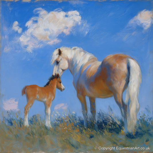 Golden Summer Bonding - mare & foal art print and canvas by Gabriel Hayes A.I