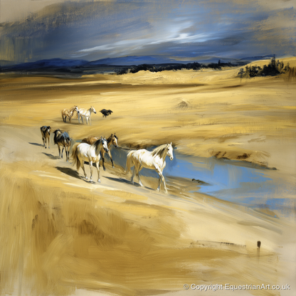 Golden Veldt Crossing - horse landscape art print and canvas by Samuel Pembroke A.I