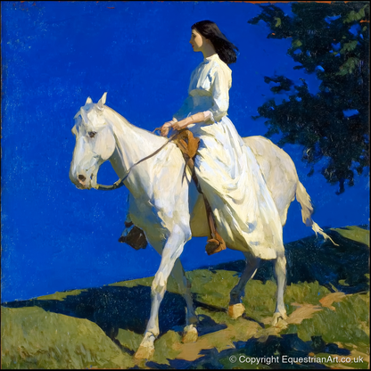 Grace Beneath Azure Skies - horse & rider art print and canvas by Percival Kent A.I