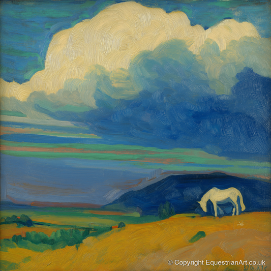 Grazing Beneath Big Skies - horse landscape art print and canvas by Rowan Sinclair A.I