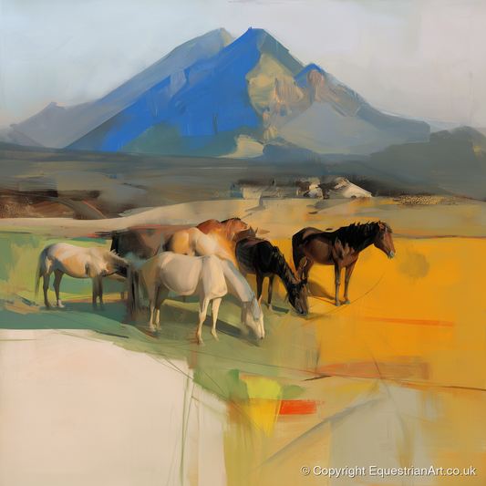 Grazing Beneath Cerulean Peaks - horse landscape art print and canvas by Silas Marlowe A.I