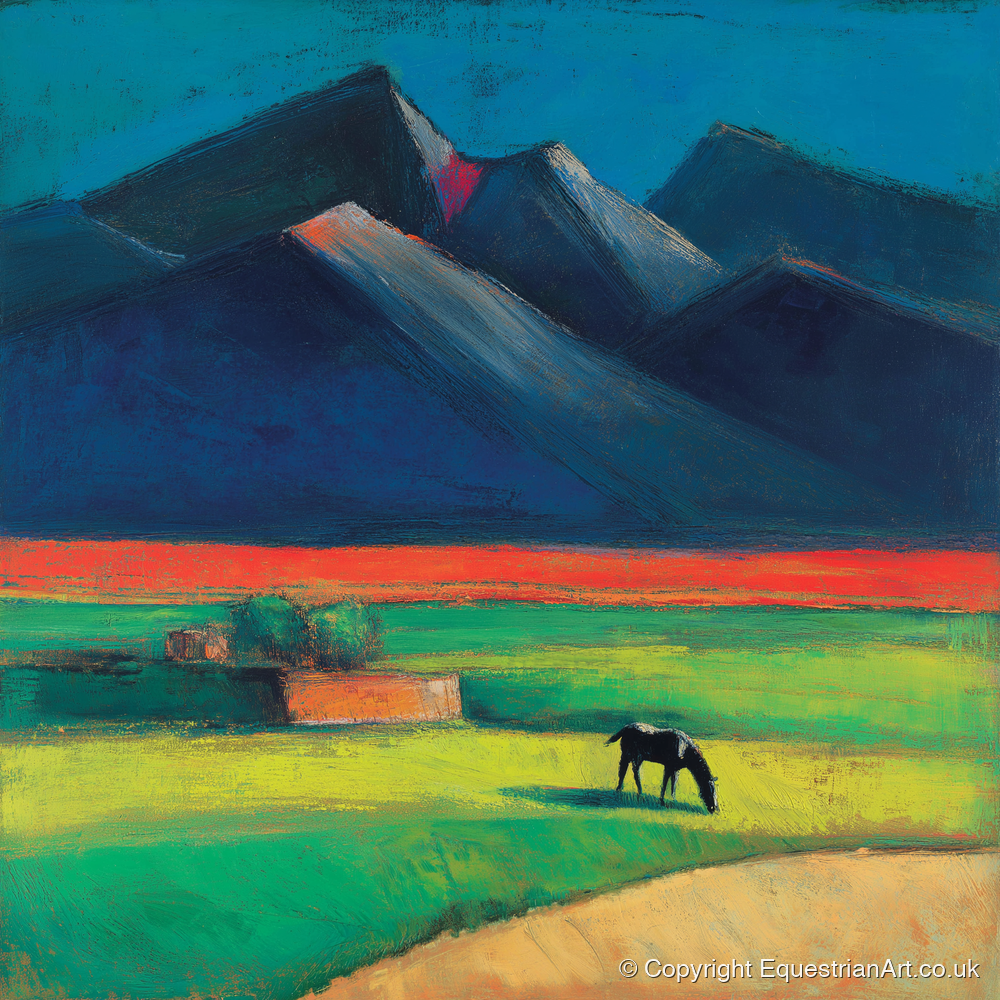 Grazing Beneath Indigo Peaks - horse landscape art print and canvas by Lucius Merrick A.I