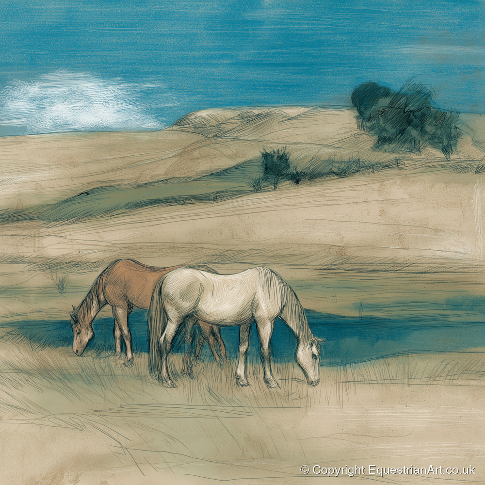 Grazing Beneath Teal Skies - horse landscape art print and canvas by Clara Pemberton A.I
