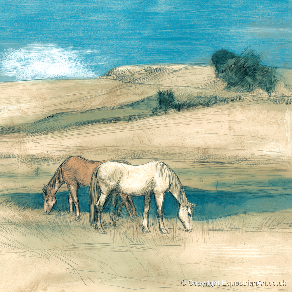 Grazing Beneath Teal Skies - horse landscape art print and canvas by Clara Pemberton A.I