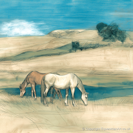 Grazing Beneath Teal Skies - horse landscape art print and canvas by Clara Pemberton A.I