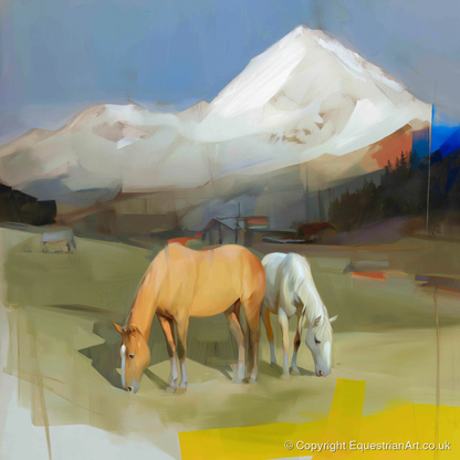 Grazing Beneath the Peaks - horse landscape art print and canvas by Silas Marlowe A.I