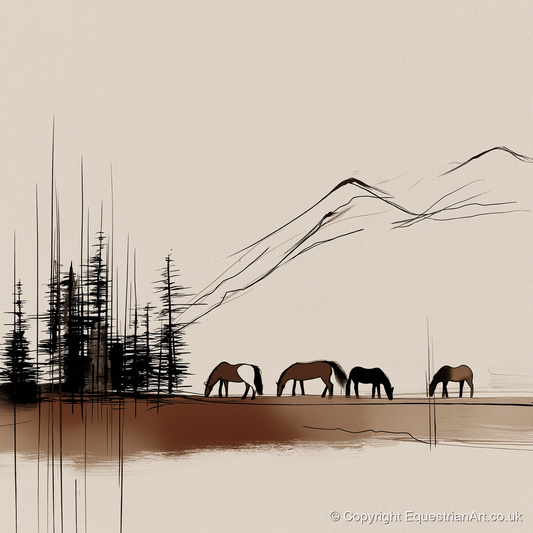 Grazing Beneath the Pines - horse landscape art print and canvas by Julian Vance A.I