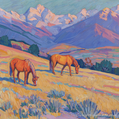 Grazing Beneath Violet Peaks - horse landscape art print and canvas by Celia Harding A.I