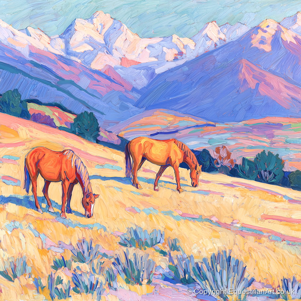 Grazing Beneath Violet Peaks - horse landscape art print and canvas by Celia Harding A.I
