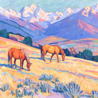 Grazing Beneath Violet Peaks - horse landscape art print and canvas by Celia Harding A.I